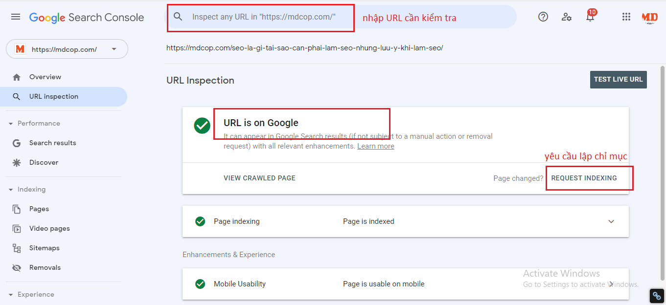 Kiểm tra trong Google search console