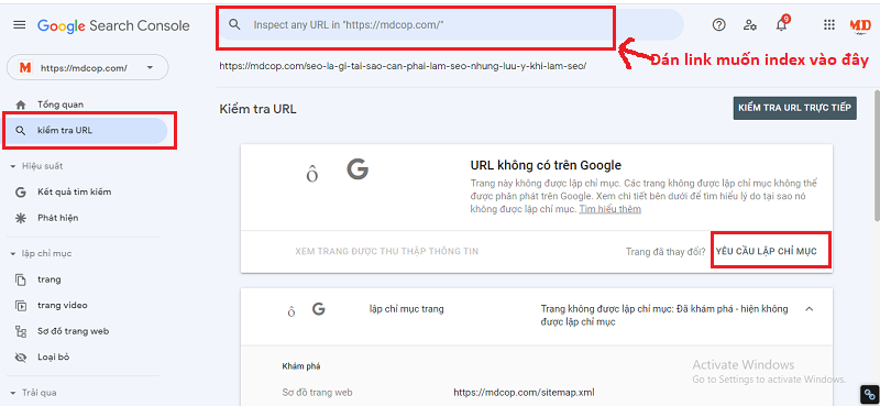 Submit URL Google trong giao diện search console mới
